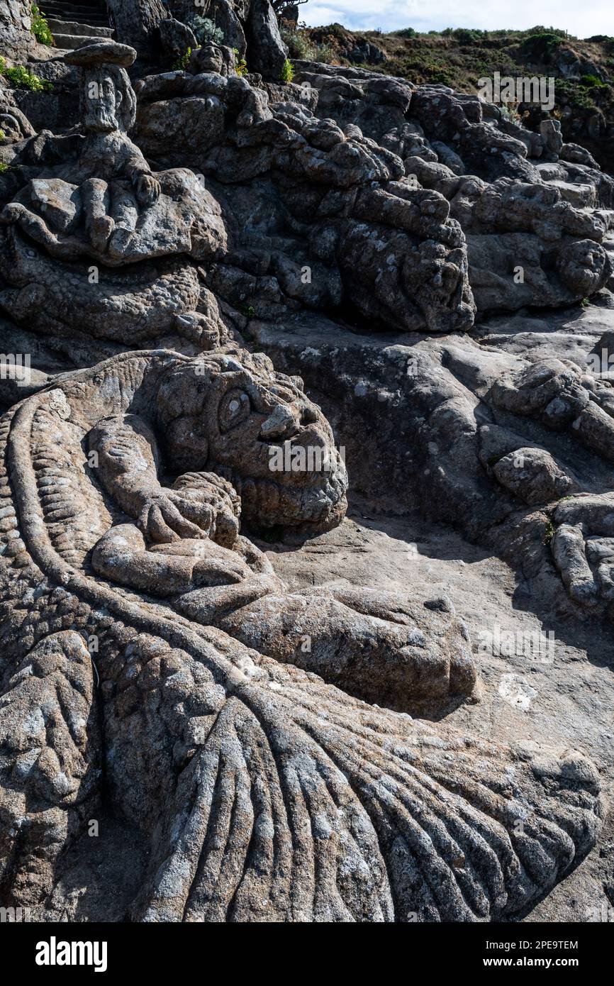 Ancient Stone Sculptures At Sculptured Rocks In Rotheneuf At The Atlantic Coast Near Saint Malo In Brittany, France Stock Photo