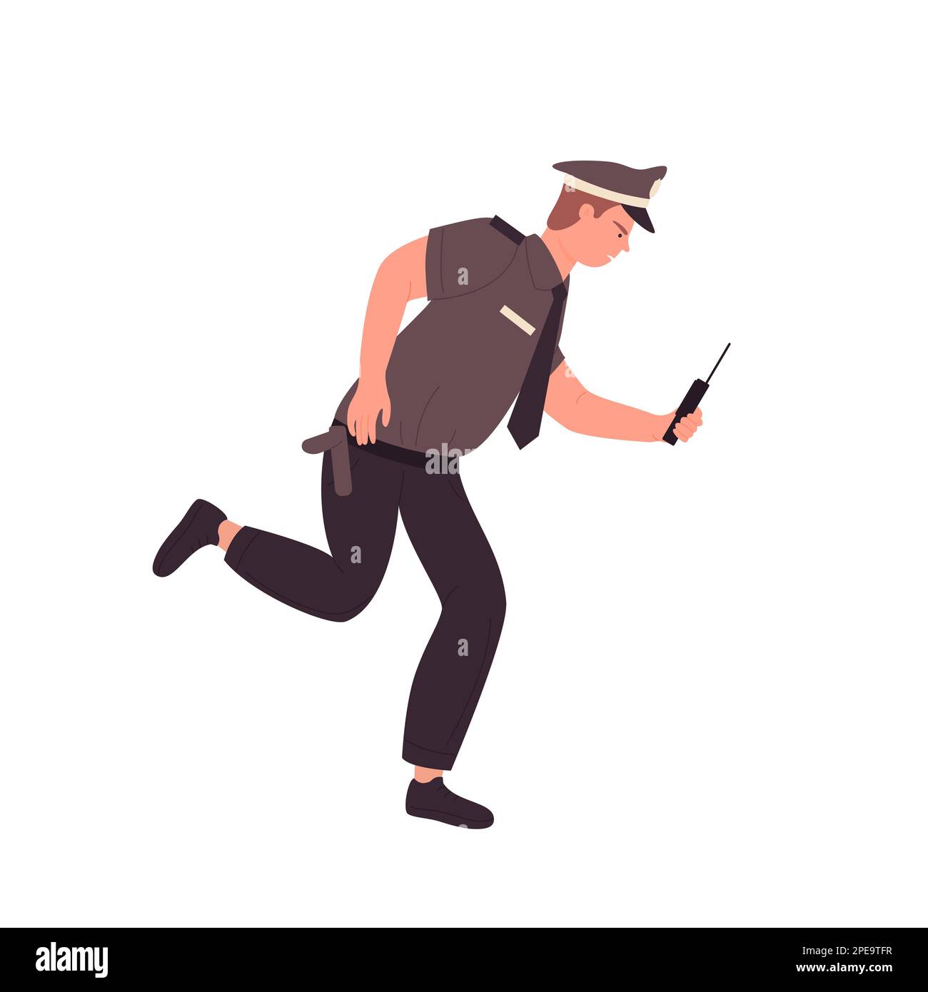 Angry policeman running. Police officer in chasing pose vector illustration Stock Vector
