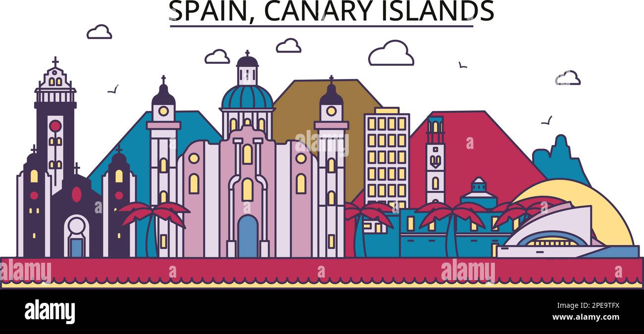 Spain, Canary Islands tourism landmarks, vector city travel illustration Stock Vector