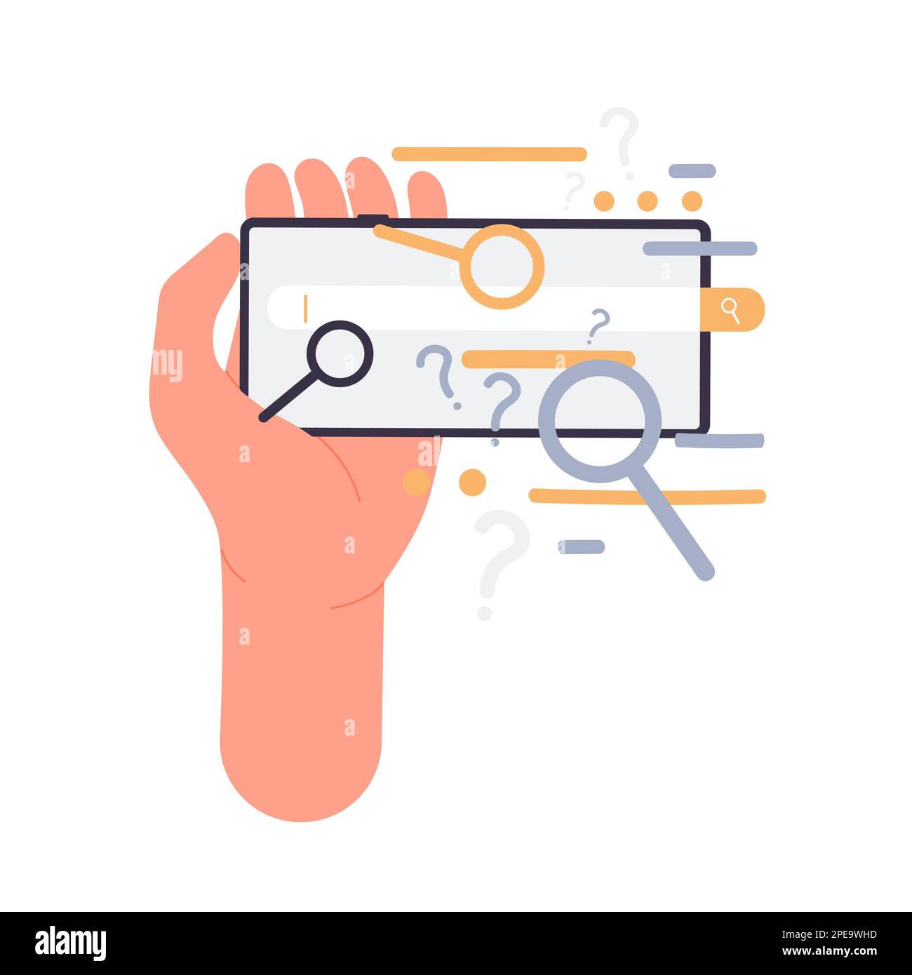 Phone in hand with search engine. Mobile searching information browser vector illustration Stock Vector