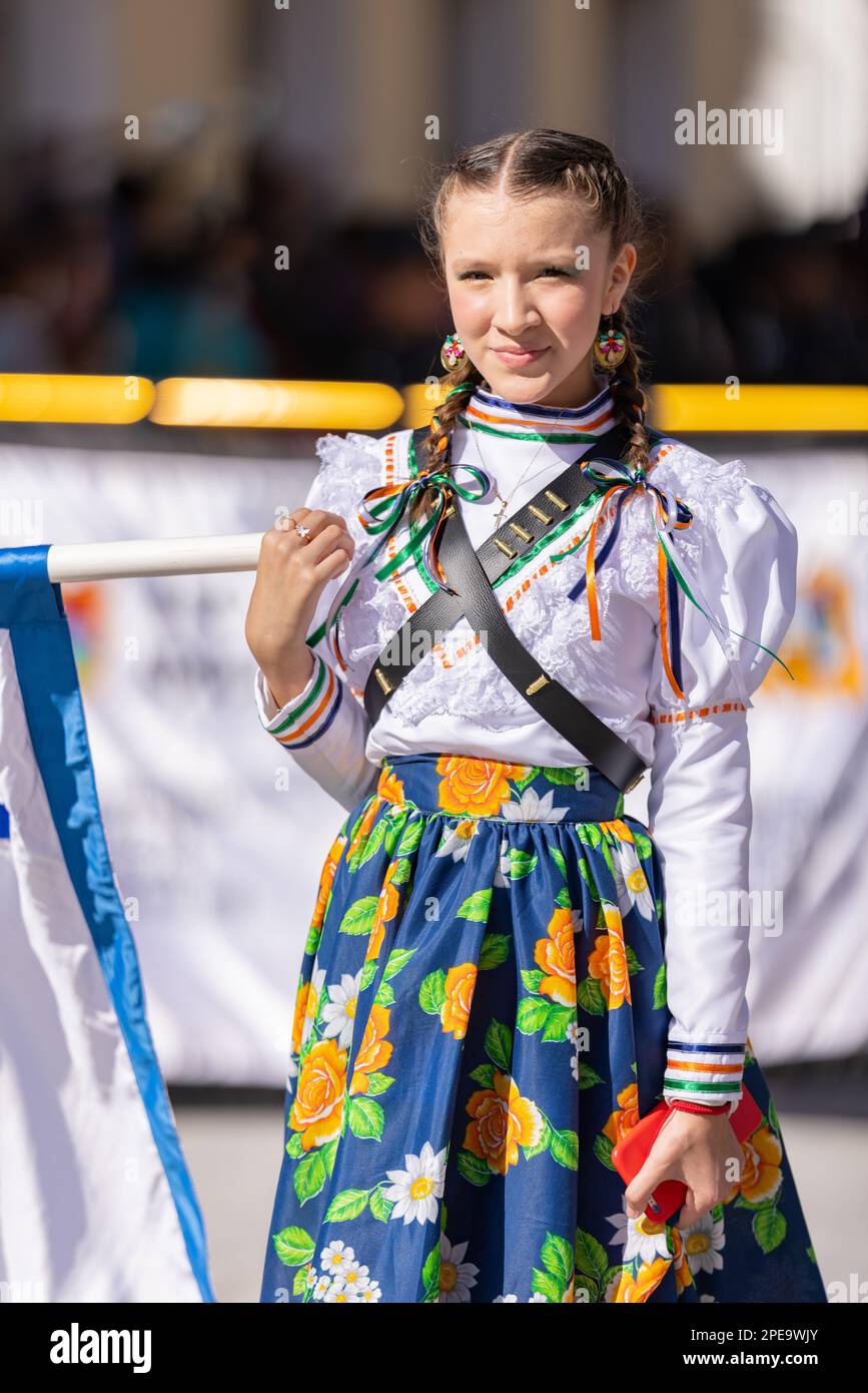 Matamoros, Tamaulipas, Mexico - November 26, 2022: The Desfile del 20 de Noviembre, Young woman from escuela secundaria no 2 wearing traditional cloth Stock Photo