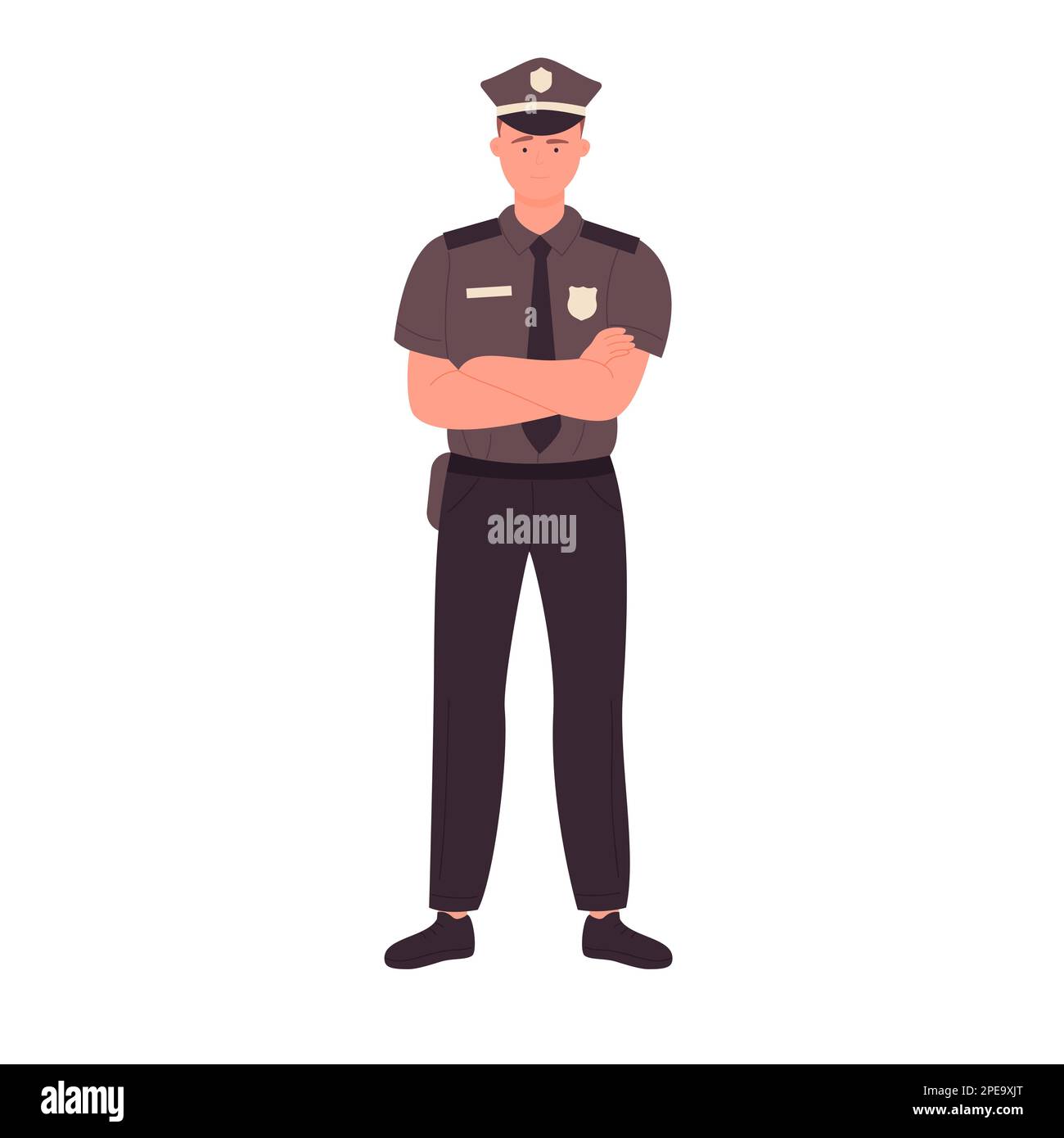 Standing policeman with crossed arms. Confident police officer vector illustration Stock Vector