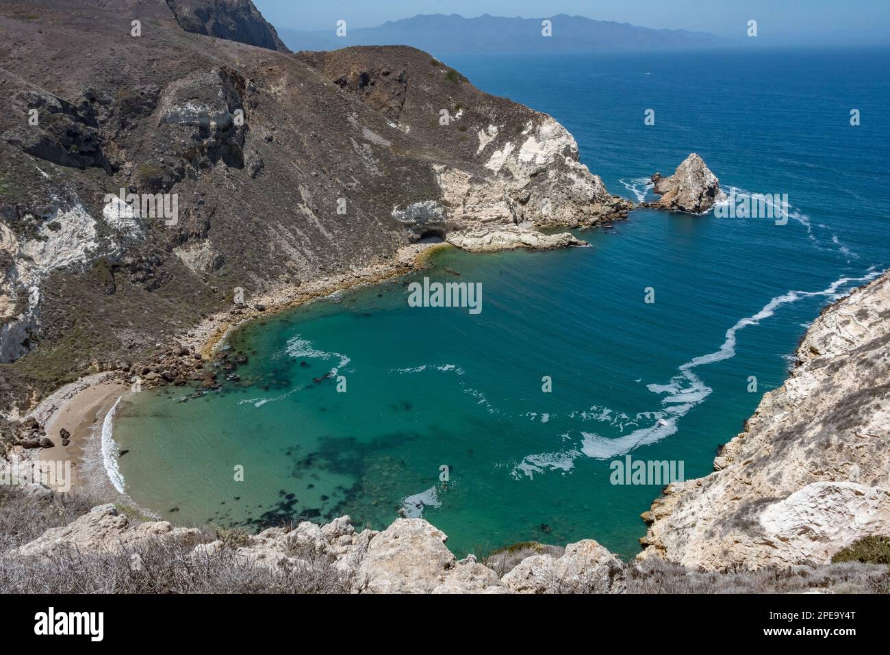 View over Potato Harbor with its turquoise blue water at Santa Cruz Island in Channel Islands National Park, California. Stock Photo
