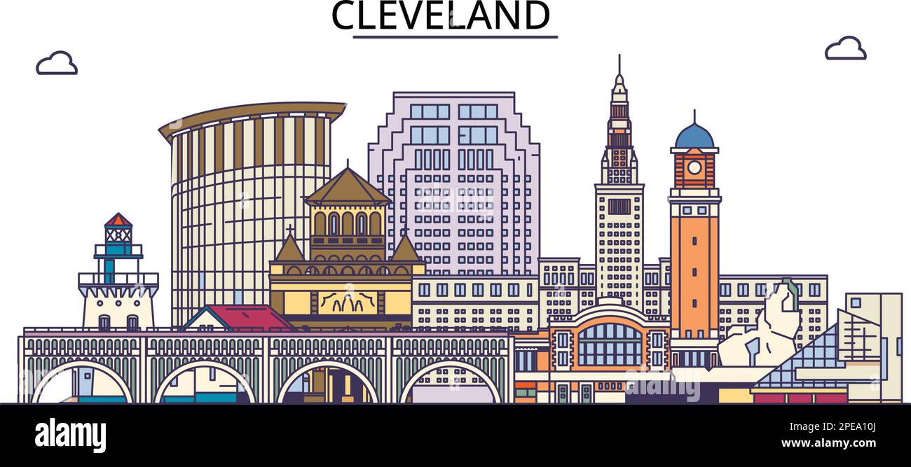 United States, Cleveland City tourism landmarks, vector city travel illustration Stock Vector