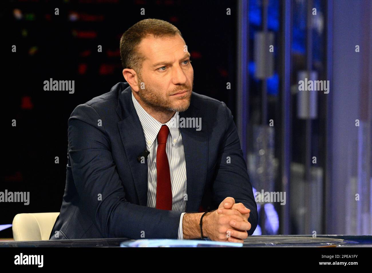 Rome, Italy. 15th Mar, 2023. Daniele Piervincenzi during the Porta a Porta  broadcast on Rai 1 at the Rai studios in Via Teulada on March 15, 2023 in  Rome, Italy. (Photo by