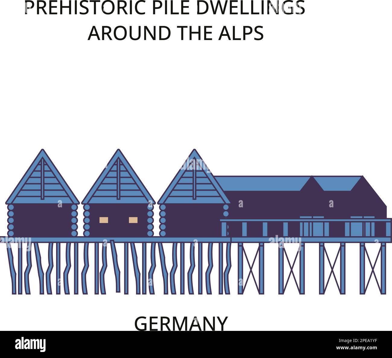 Germany, Alps, Prehistoric Pile Dwellings tourism landmarks, vector city travel illustration Stock Vector