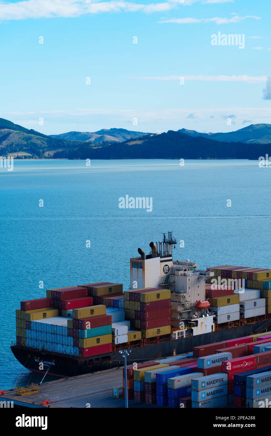 Shipping containers on a ship in port at Lyttelton, Christchurch, New Zealand. Stock Photo