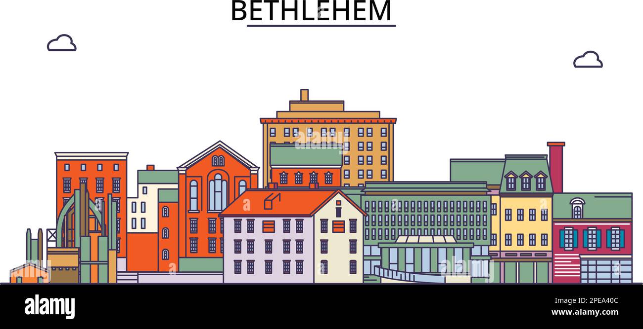 United States, Bethlehem tourism landmarks, vector city travel illustration Stock Vector