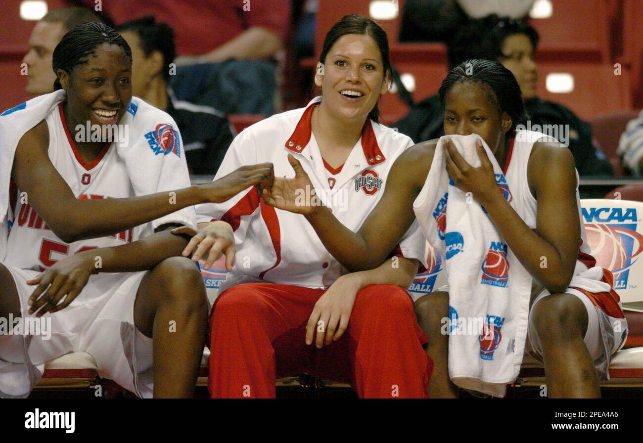 Ohio State players, left to right, Jessica Davenport, Michelle Munoz