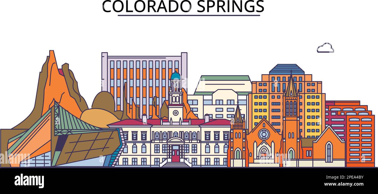 United States, Colorado Springs City tourism landmarks, vector city ...