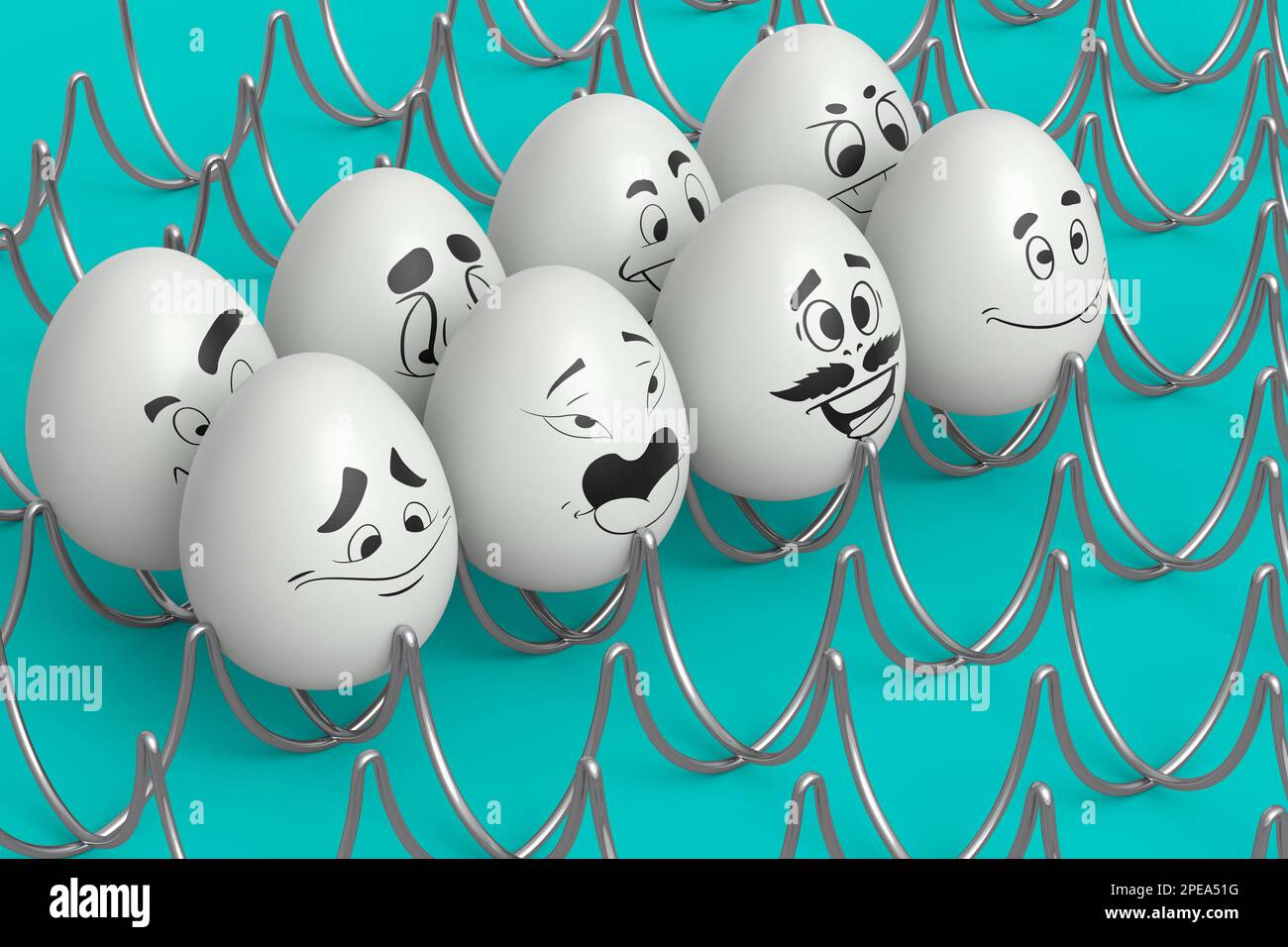 Farm white painted egg with expressions and funny face in metal wire ...