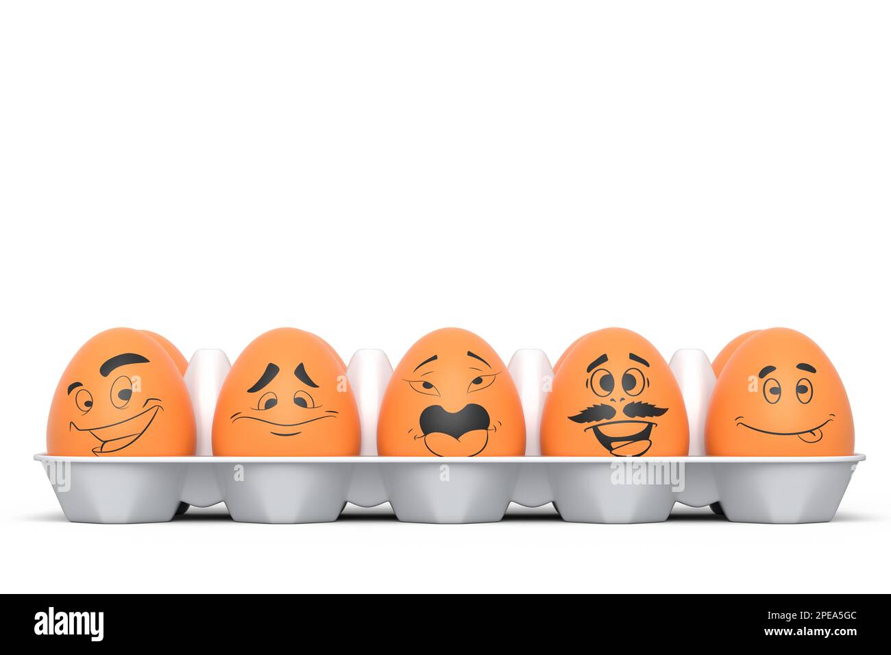 Farm white painted egg with expressions and funny face in plastic tray or paper cardboard on white background. 3d render of Easter eggs template desig Stock Photo