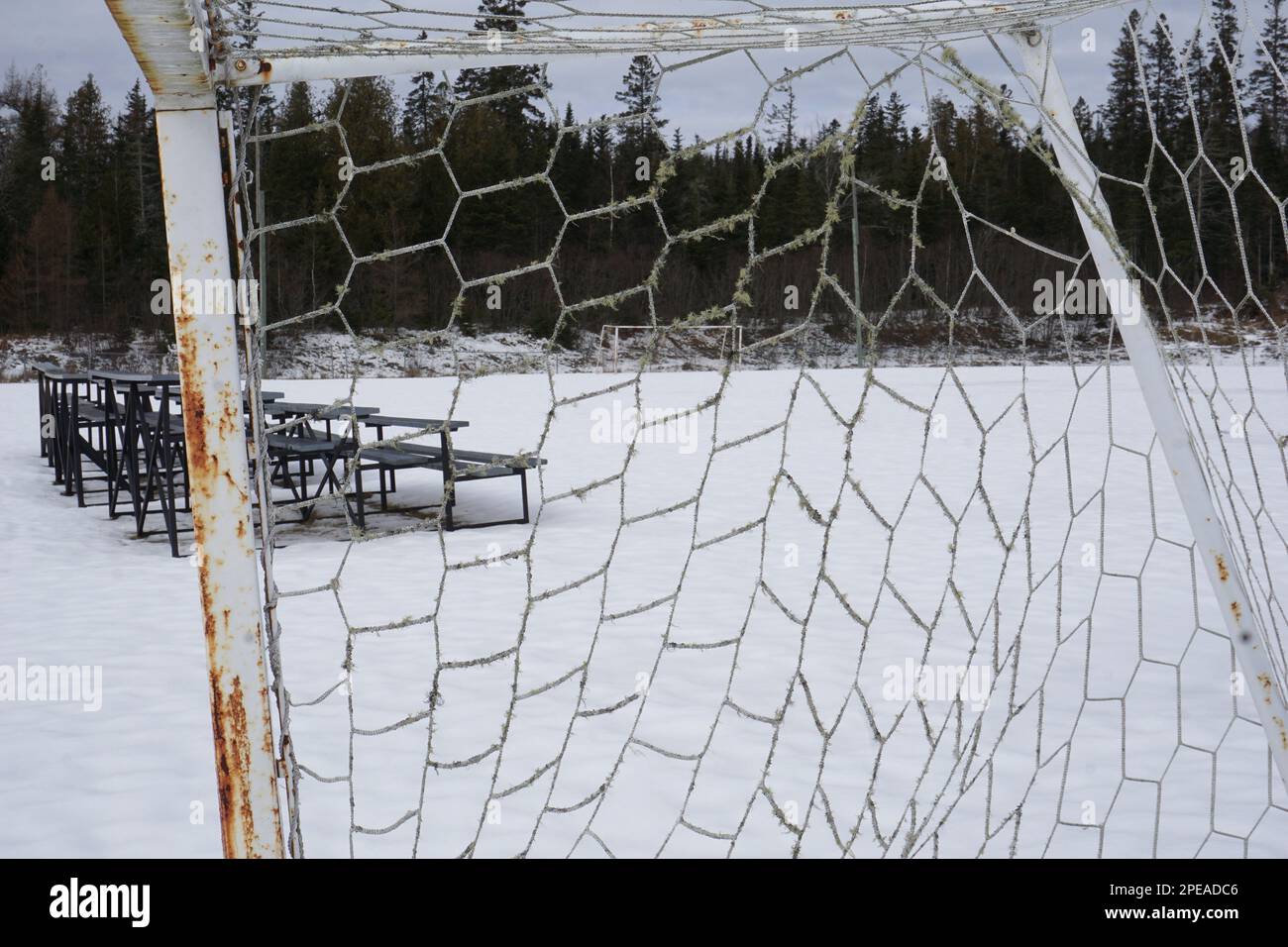 Rusted football posts and nets, Canada Stock Photo
