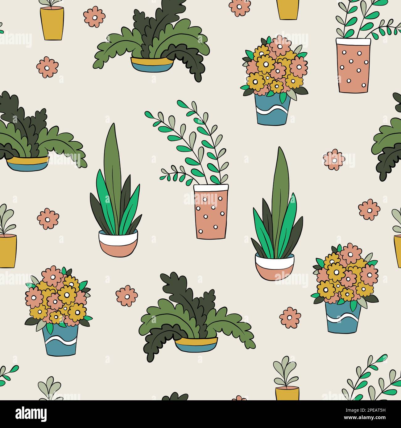 Seamless pattern with houseplant and flowers in pots. Vector endless ...