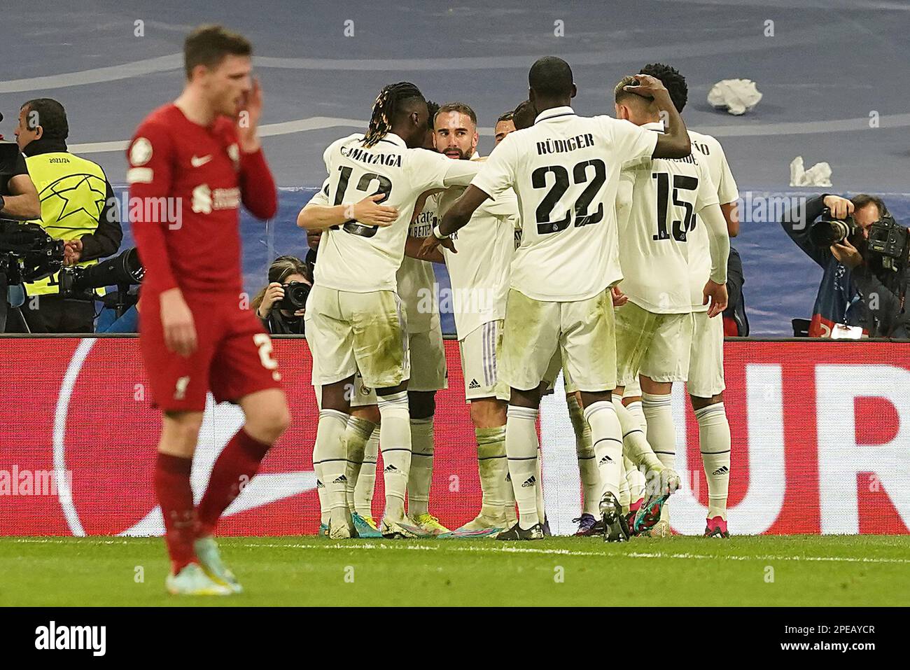 Madrid, Spain. 15th Mar, 2023. Real Madrid's players celebrate goal during  Champions League Round of 16 2nd leg match. March 15, 2023. (Photo by  Acero/Alter Photos/Sipa USA) Credit: Sipa US/Alamy Live News