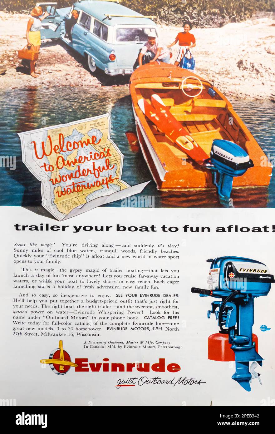 Evinrude outboard motors advert in a Natgeo magazine July 1956 Stock Photo