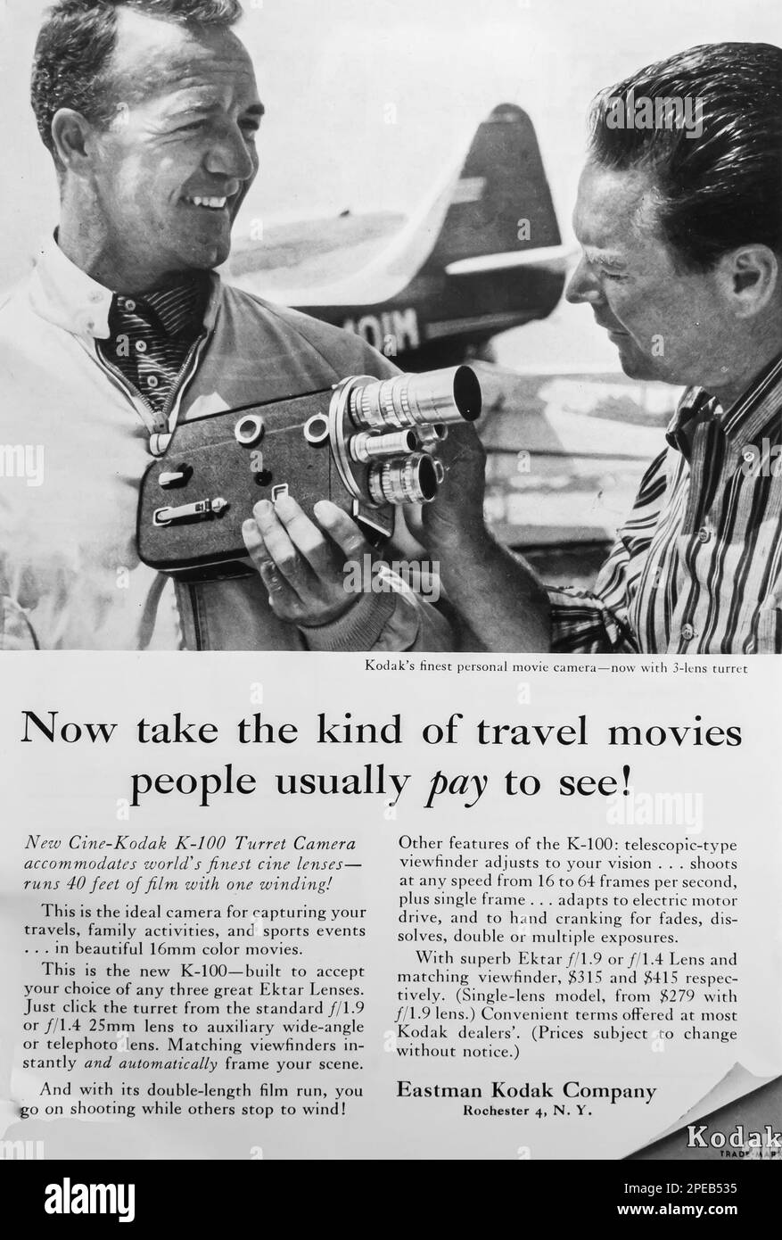 Kodak Cine-Kodak K-100 personal movie camera advert in a Natgeo magazine July 1956 Stock Photo