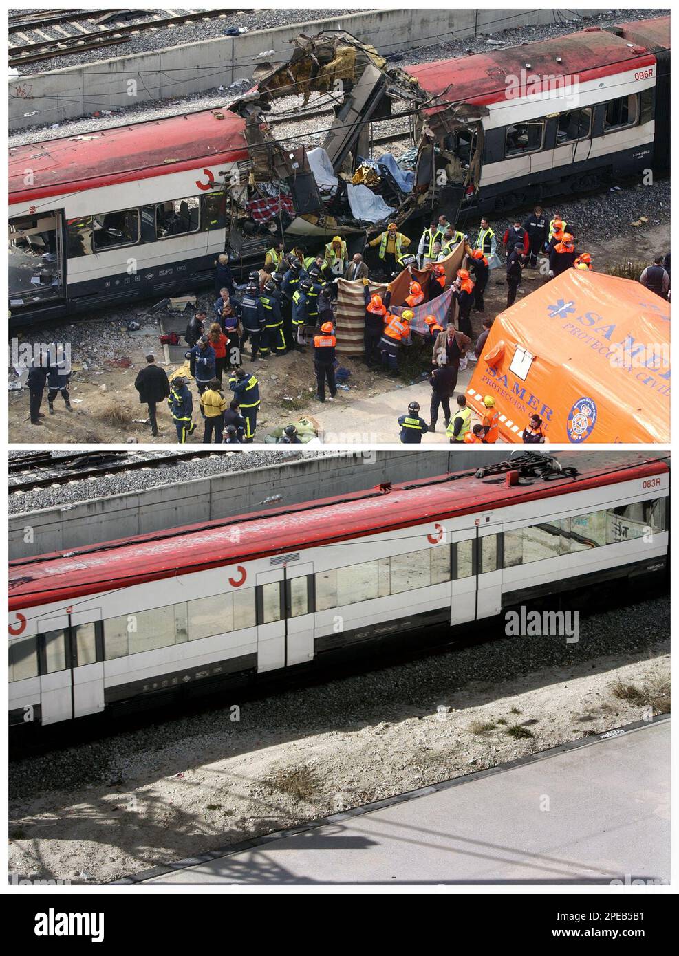 This combination of two pictures shows the same location of where a commuter train was blown up outside Madrid's Atocha train station in the March 11, 2004 terrorist attacks. In the top picture rescue workers carry victims out of the bombed train behind blankets. In the picture below a train passes by the exact same spot, almost a year later, Wednesday, March 9, 2005. Madrid will mark in two days time the first anniversary of the Madrid train bombings that killed 191 people and injured more than 1500 in what was Spain's worst terrorist attack. (AP Photos/Paul White) ** EFE OUT ** Stock Photo