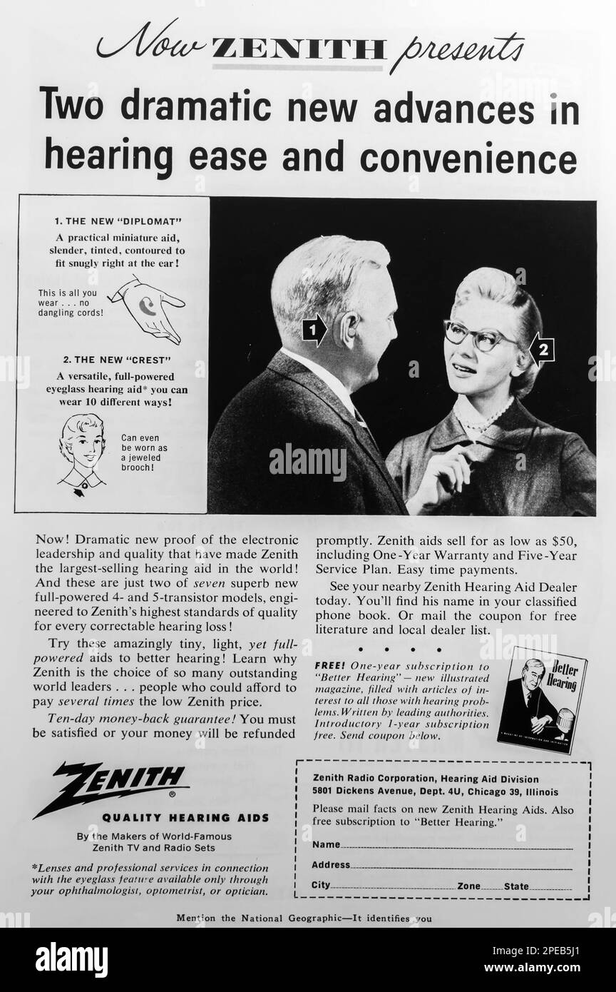 Zenith hearing aids advert in a Natgeo magazine July 1956 Stock Photo
