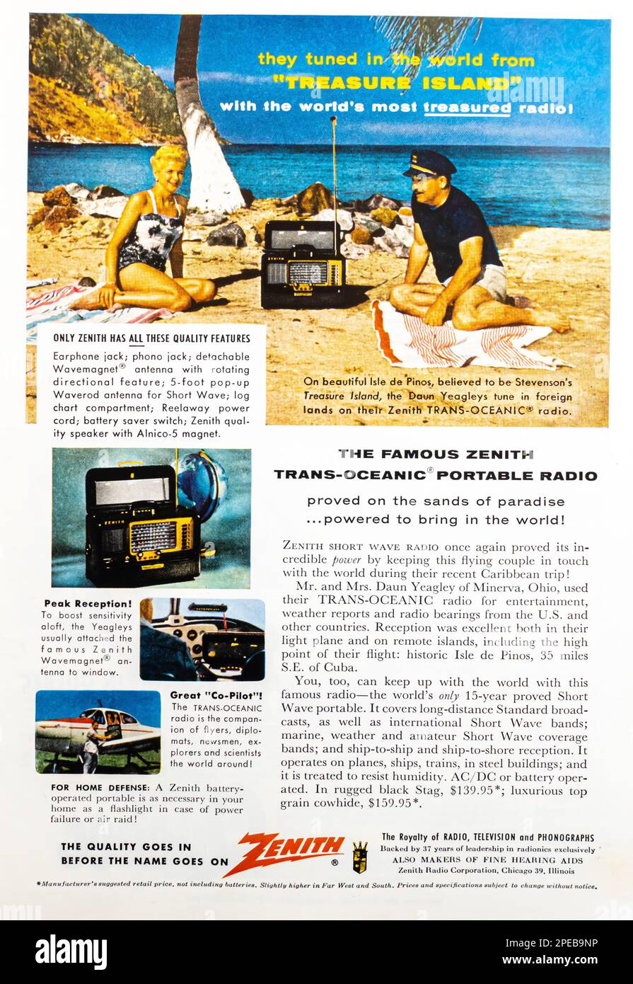 Zenith Trans-oceanic portable radio advert in a Natgeo magazine September 1956 Stock Photo