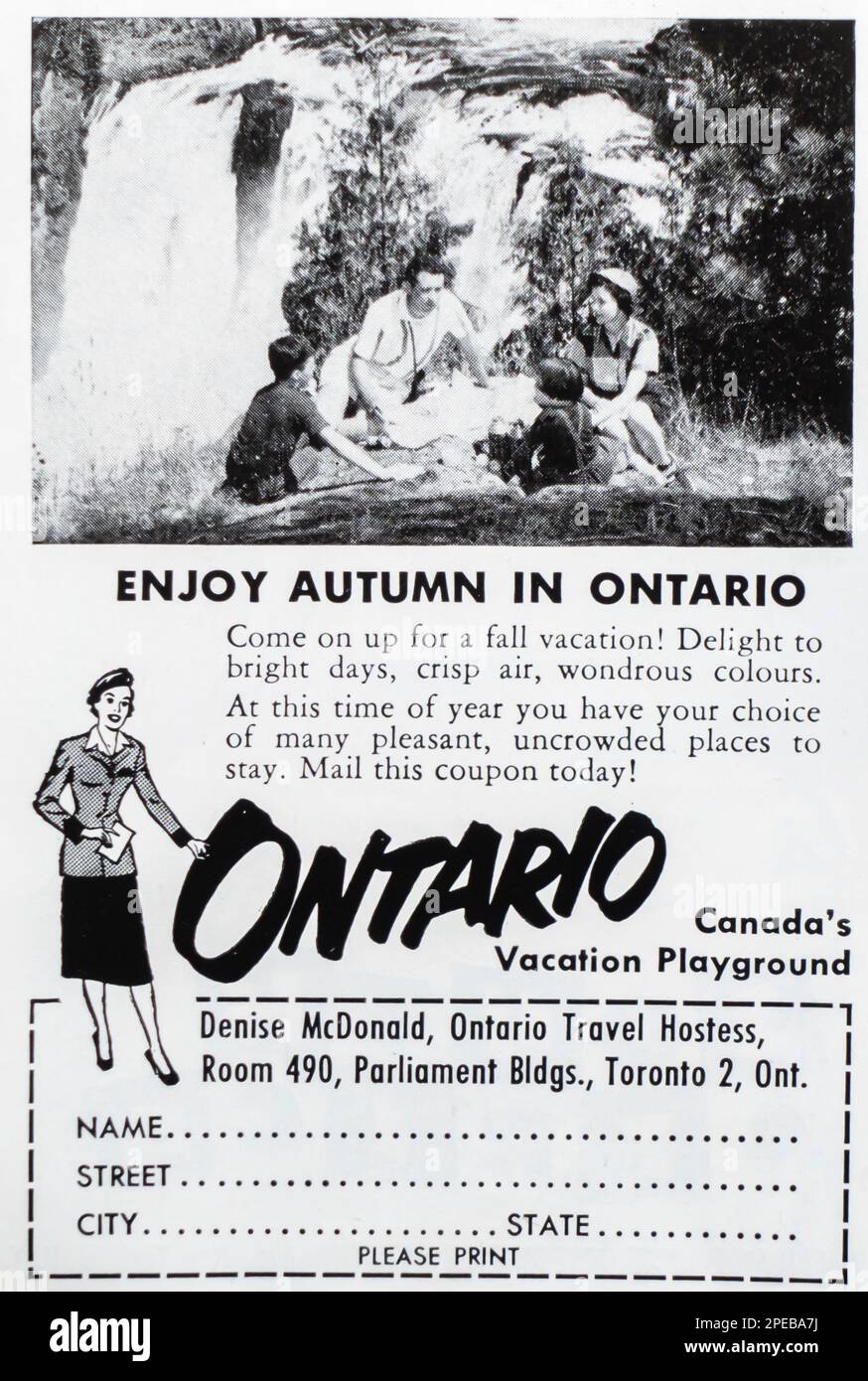 Ontario travel advert in a Natgeo magazine September 1956 Stock Photo