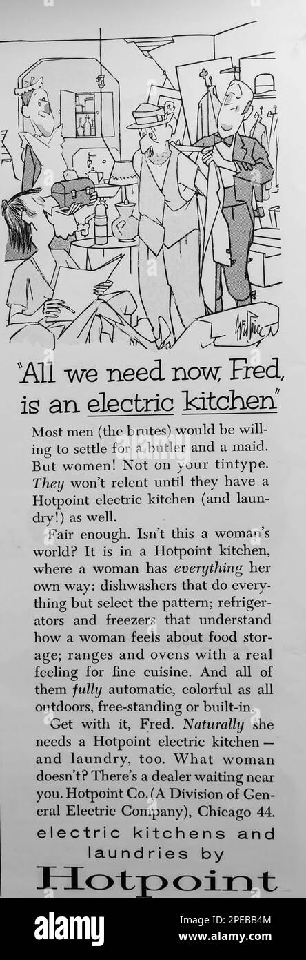 Hotpoint electric kitchens and laundries advert in a Natgeo magazine September 1956 Stock Photo