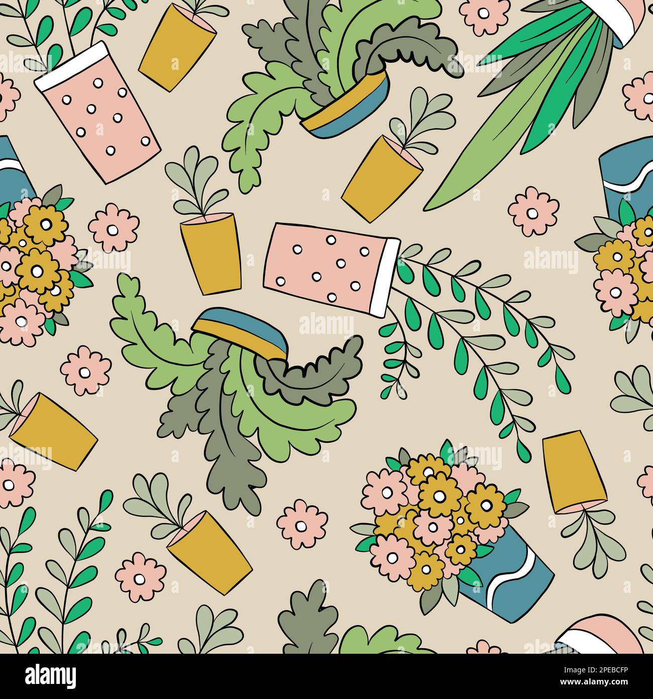 Seamless pattern with houseplant and flowers in pots backdrop. Vector ...