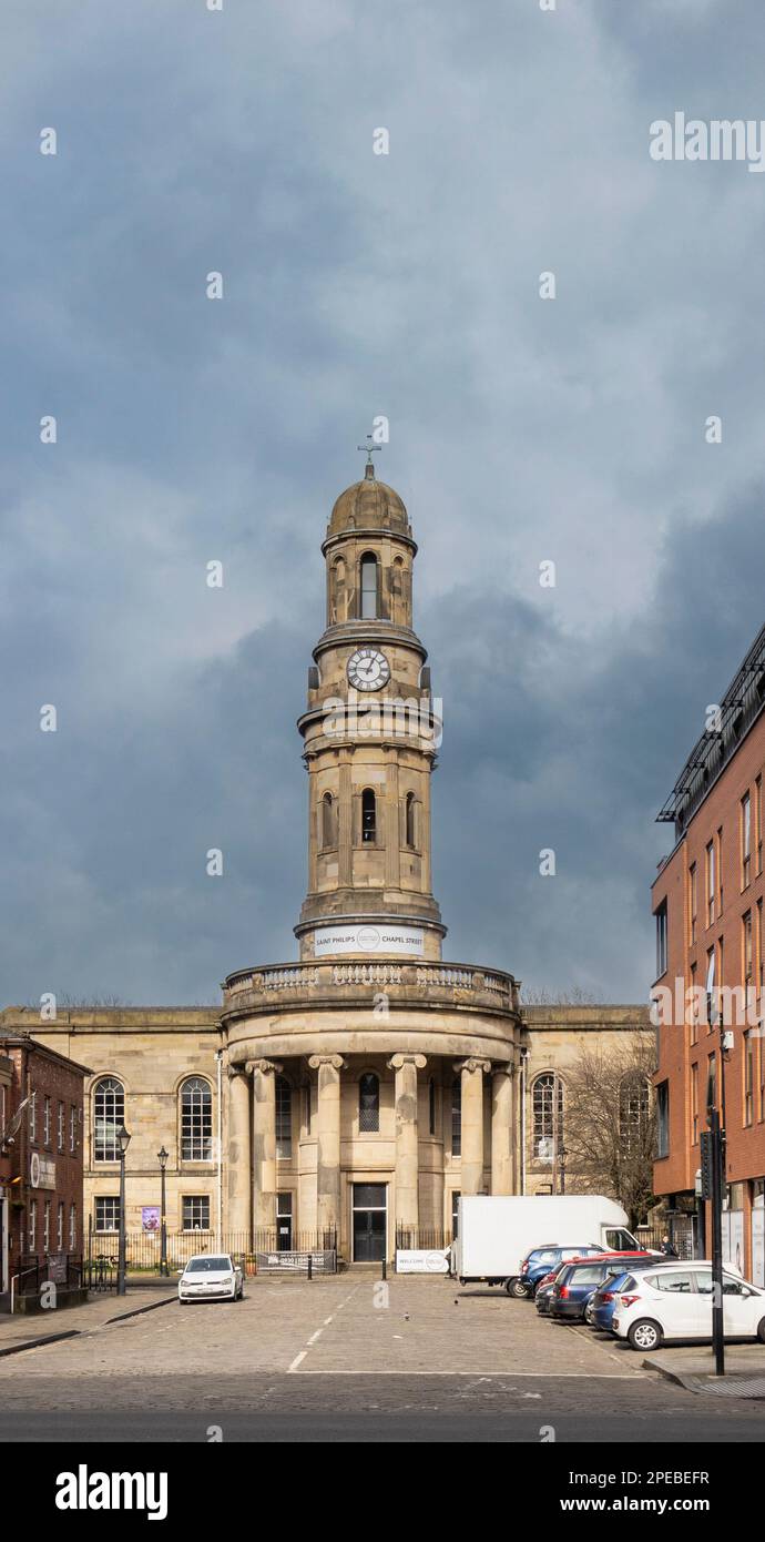 Salford, Manchester, uk, march 11, 2023  St Philip's Church, Chapel Street Greek revival architectural style. View looking down St Philip's Place Stock Photo
