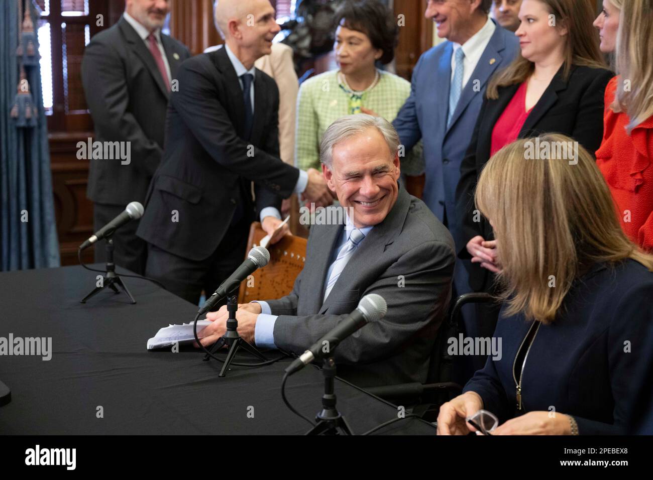 Austin Texas, USA. 15th Mar, 2023. Texas Governor GREG ABBOTT, along with Texas elected officials, educators and business representatives, holds a press conference supporting the Texas CHIPS Act. The Creating Helpful Incentives to Produce Semiconductors (CHIPS) Act, if passed, would focus on Texas research and development efforts in winning semiconductor chip projects. Credit: Bob Daemmrich/Alamy Live News Credit: Bob Daemmrich/Alamy Live News Stock Photo