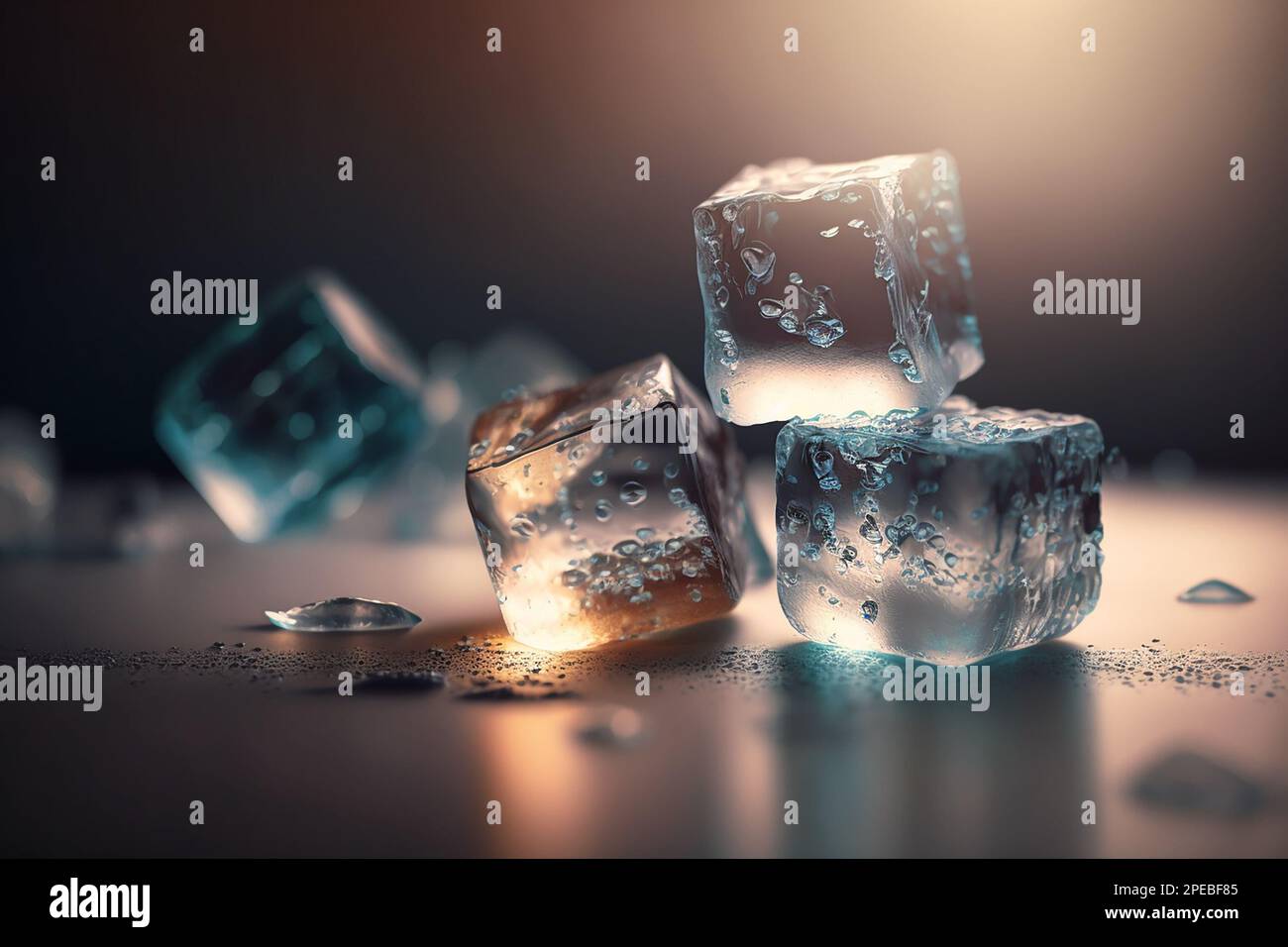 Melting Ice cubes with water drops on a table. Clear ice in cube shape