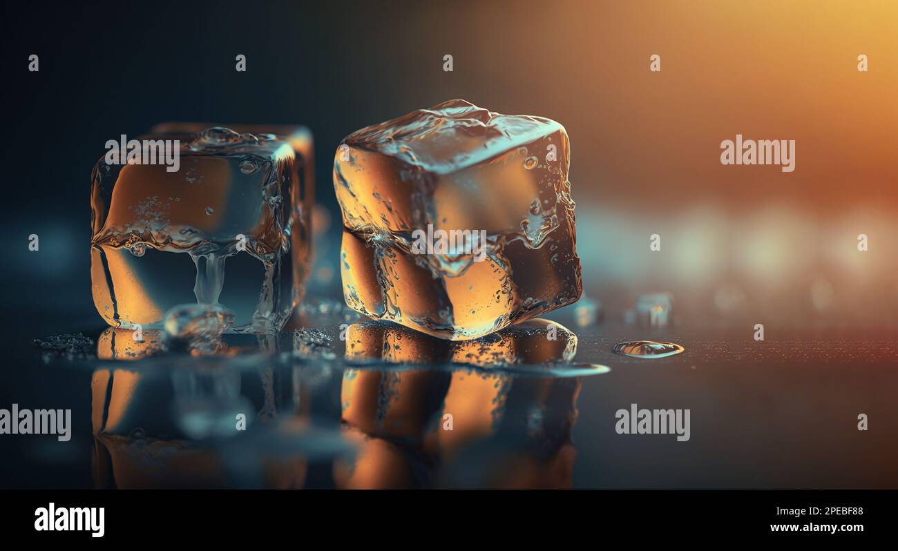 Melting Ice cubes with water drops on a table. Clear ice in cube shape