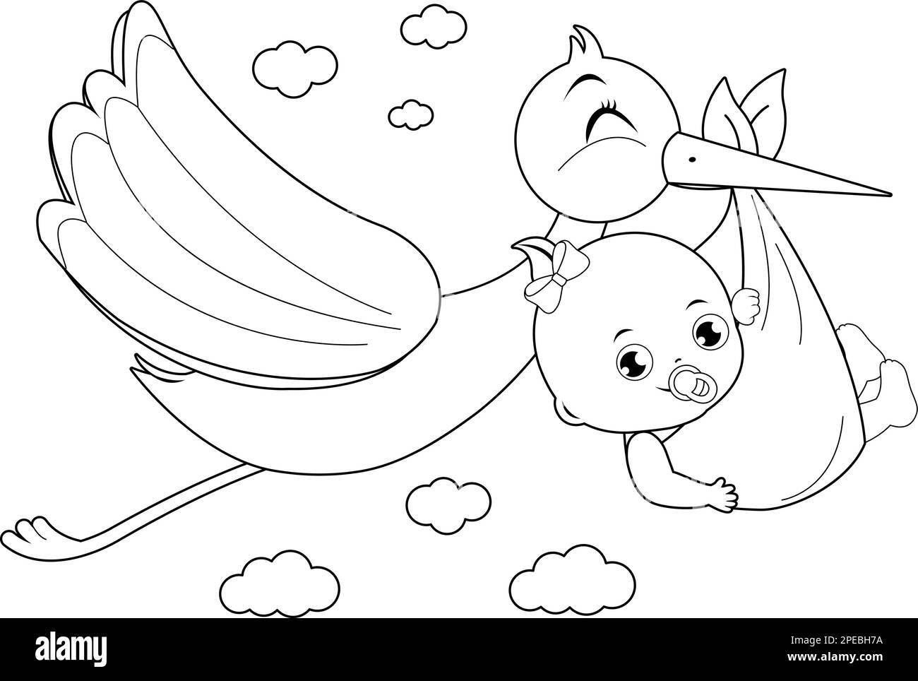 Stork delivering a new baby girl. Vector black and white coloring page Stock Vector