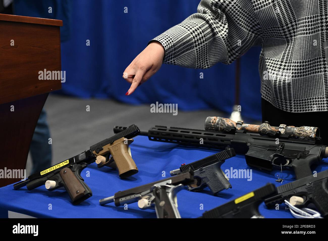 New York, USA. 15th Mar, 2023. Guns and assault weapons on display at a