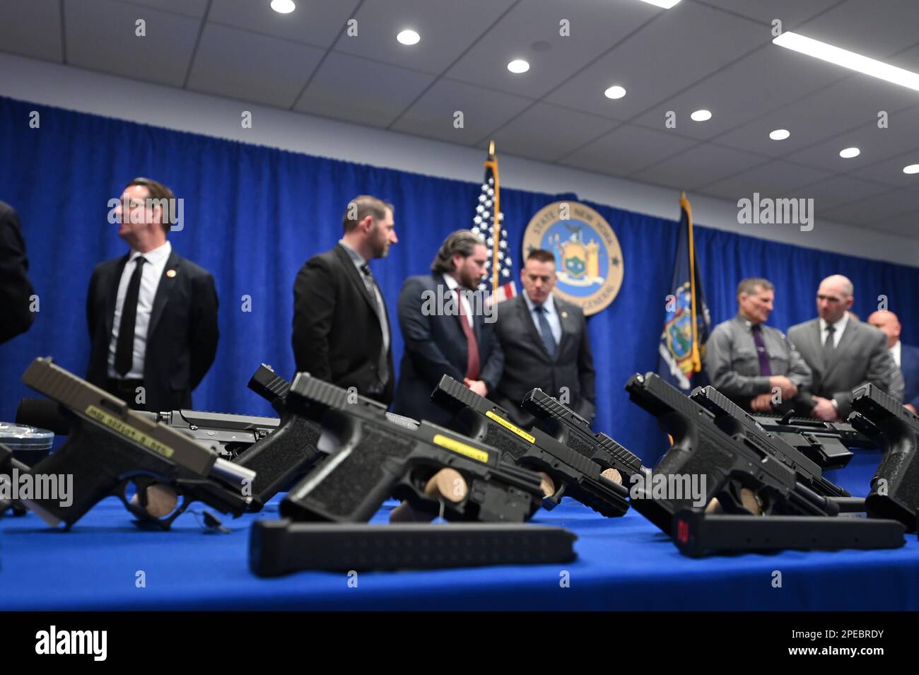 New York, USA. 15th Mar, 2023. Guns and assault weapons on display at a