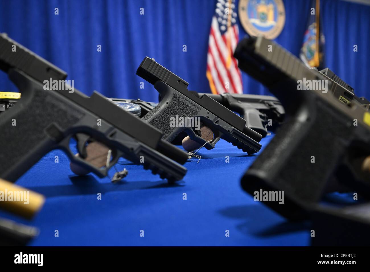 New York, USA. 15th Mar, 2023. Guns and assault weapons on display at a
