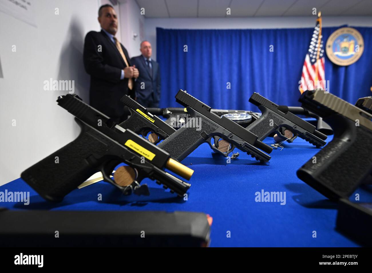 New York, USA. 15th Mar, 2023. Guns and assault weapons on display at a