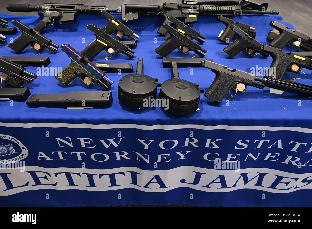 New York, USA. 15th Mar, 2023. Guns and assault weapons on display at a