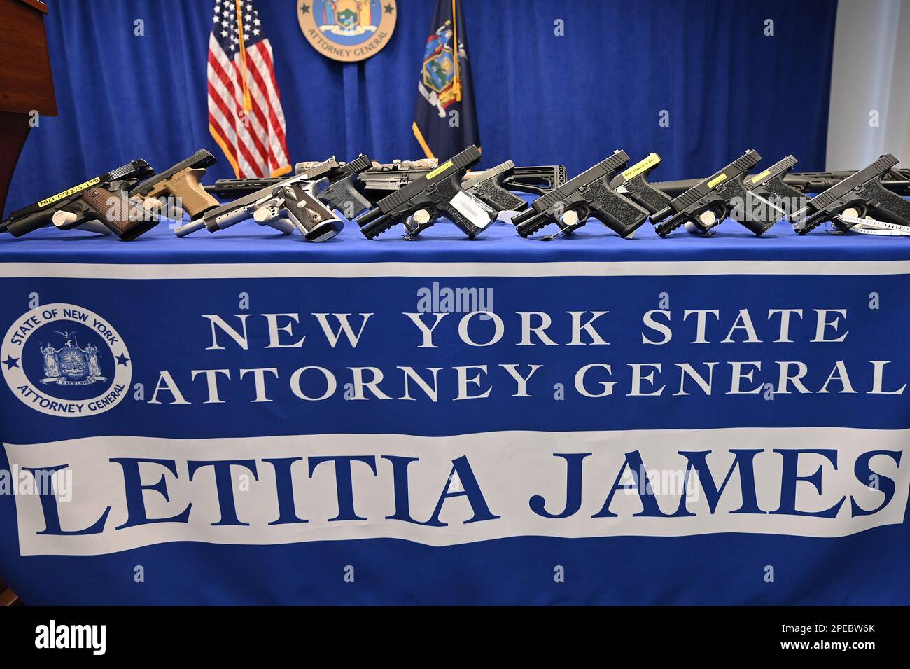 New York, USA. 15th Mar, 2023. Guns and assault weapons on display at a