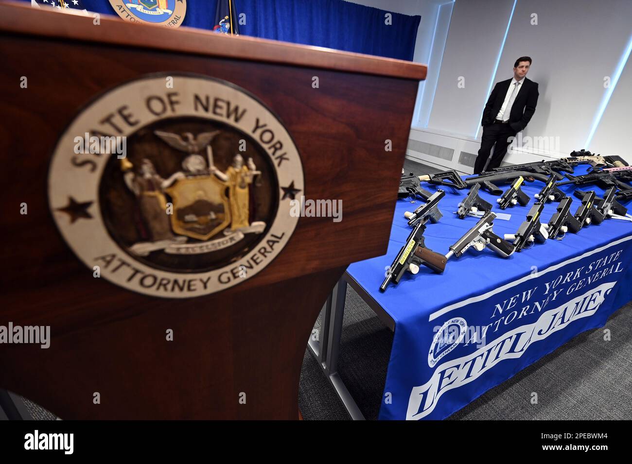 New York, USA. 15th Mar, 2023. Guns and assault weapons on display at a