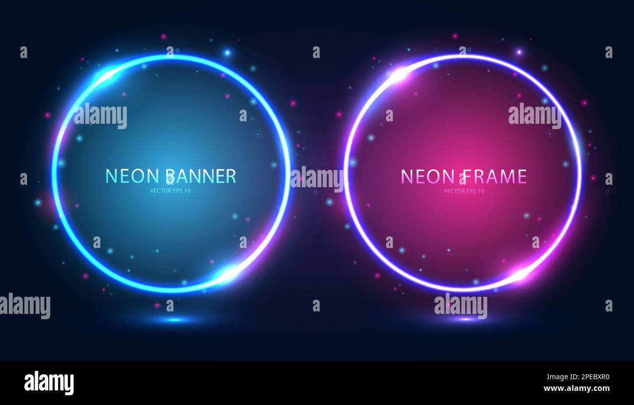 Round neon frames with shining effects and highlights on a dark background. Stock Vector
