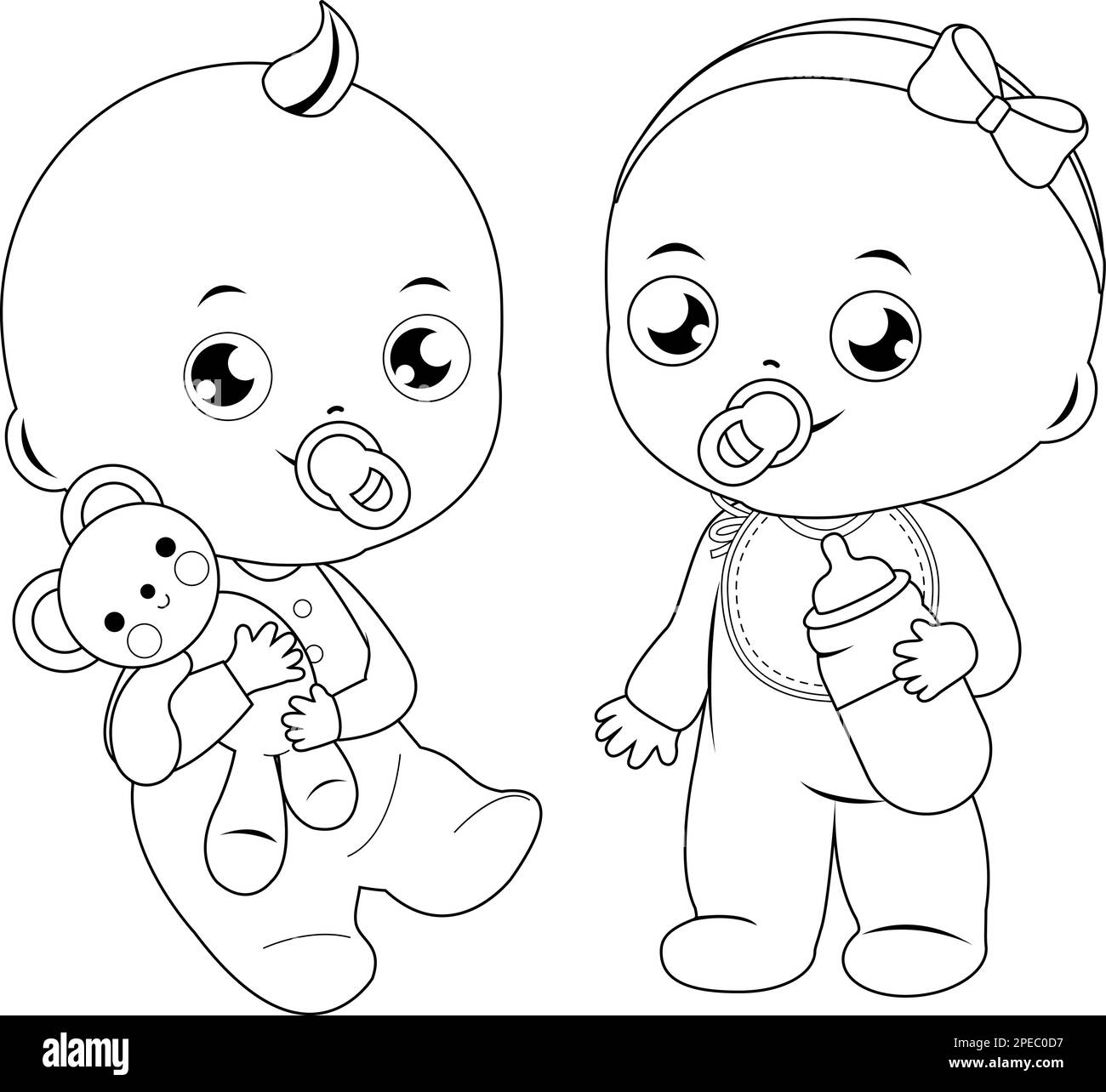 Baby girl and baby boy. Vector black and white coloring page Stock Vector