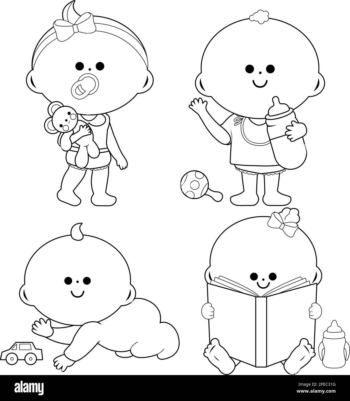 Cute baby girls and boys. Vector black and white coloring page Stock Vector