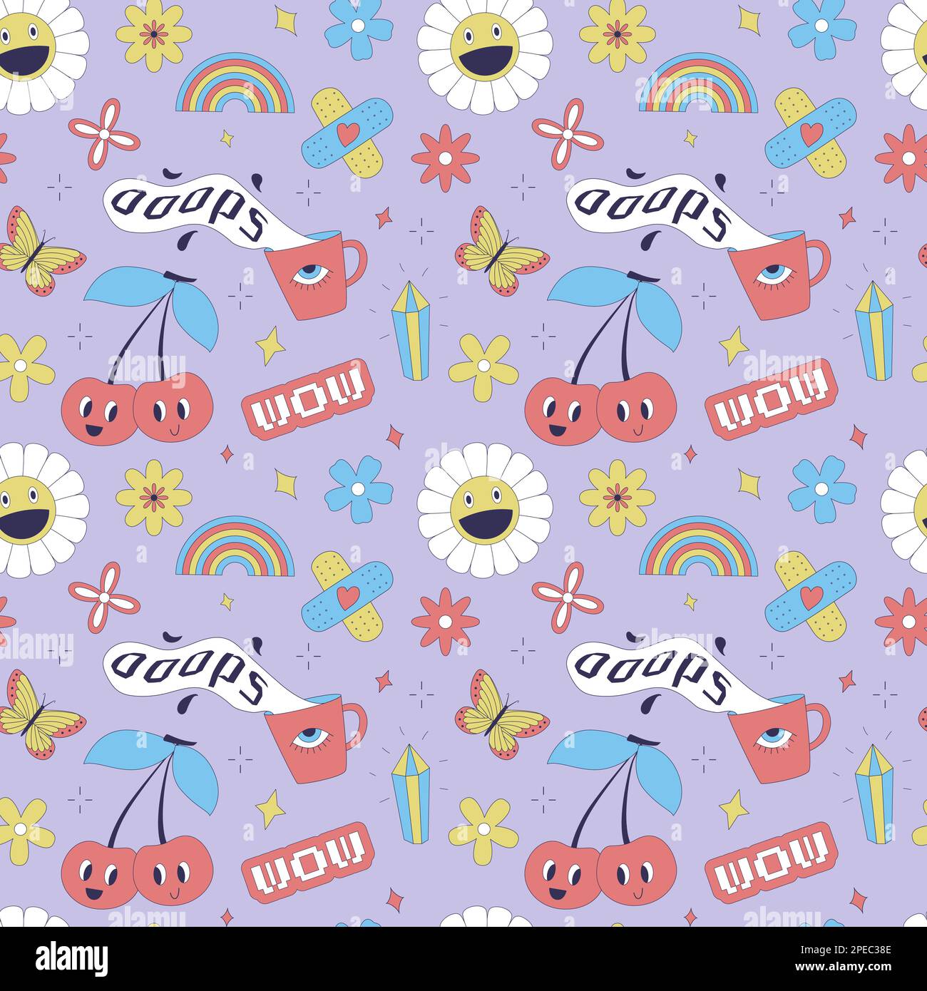 Seamless pattern with y2k style elements. Acidic vivid neon colors.Bright youth pattern with 90s symbols. Cherry, smiling daisy, rainbow, butterfly fl Stock Vector