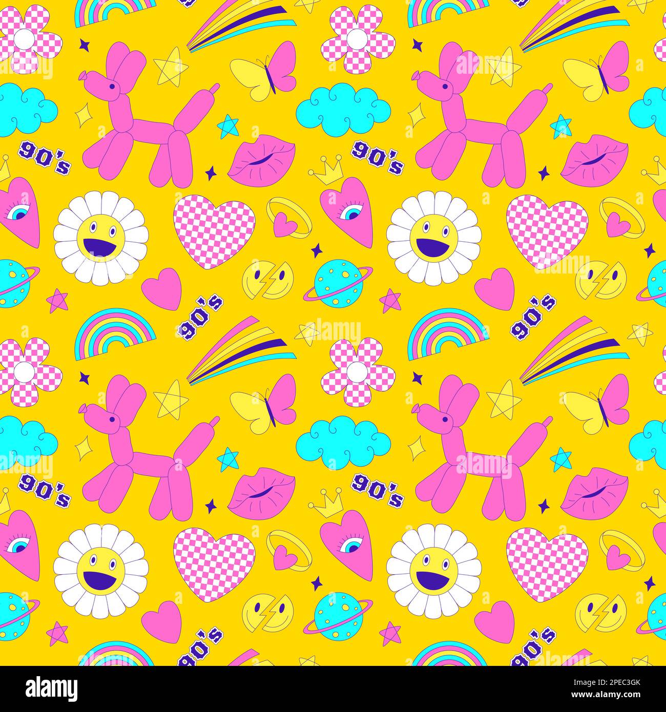 Seamless pattern with y2k style elements. Acidic vivid neon colors. Bright youth pattern with 90 s characters. Inflatable dog balloon, daisy, rainbow, Stock Vector