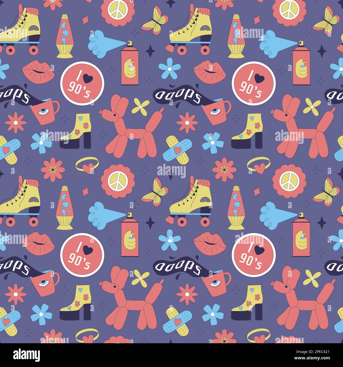 Seamless pattern with y2k style elements. Acidic vivid neon colors. Bright youth pattern with 90 s characters. Roller skates, lava lamp, high platform Stock Vector