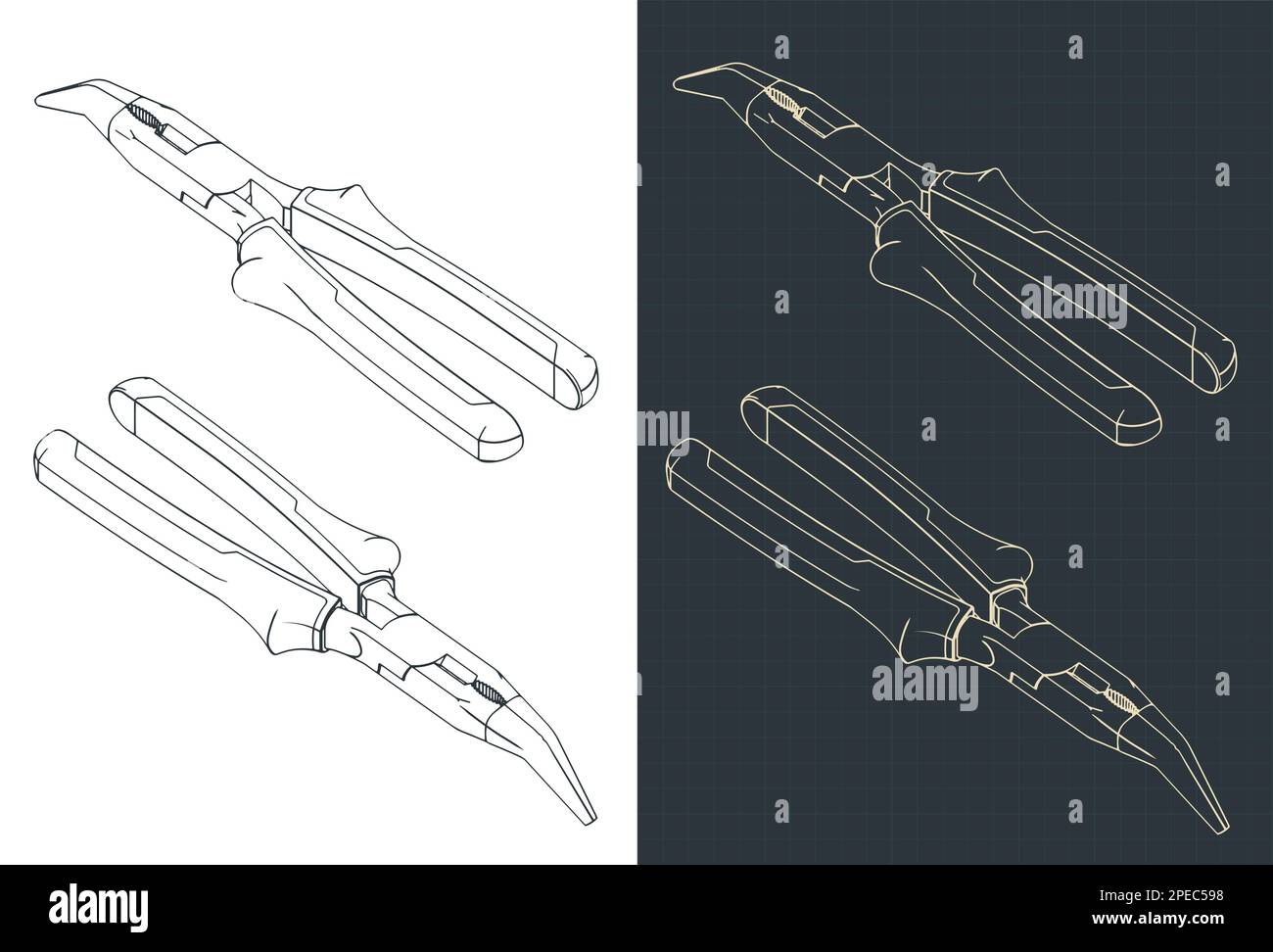Stylized vector illustration of isometric blueprints of bent long nose