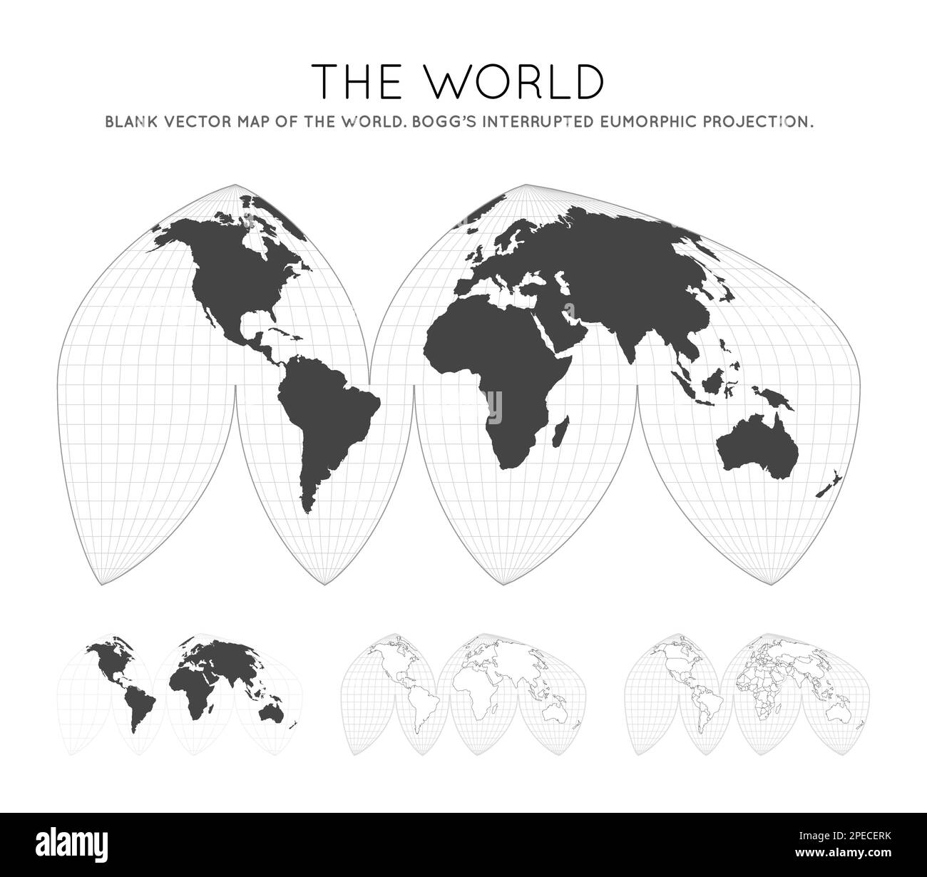 Map of The World. Bogg's interrupted eumorphic projection. Globe with latitude and longitude lines. World map on meridians and parallels background. V Stock Vector