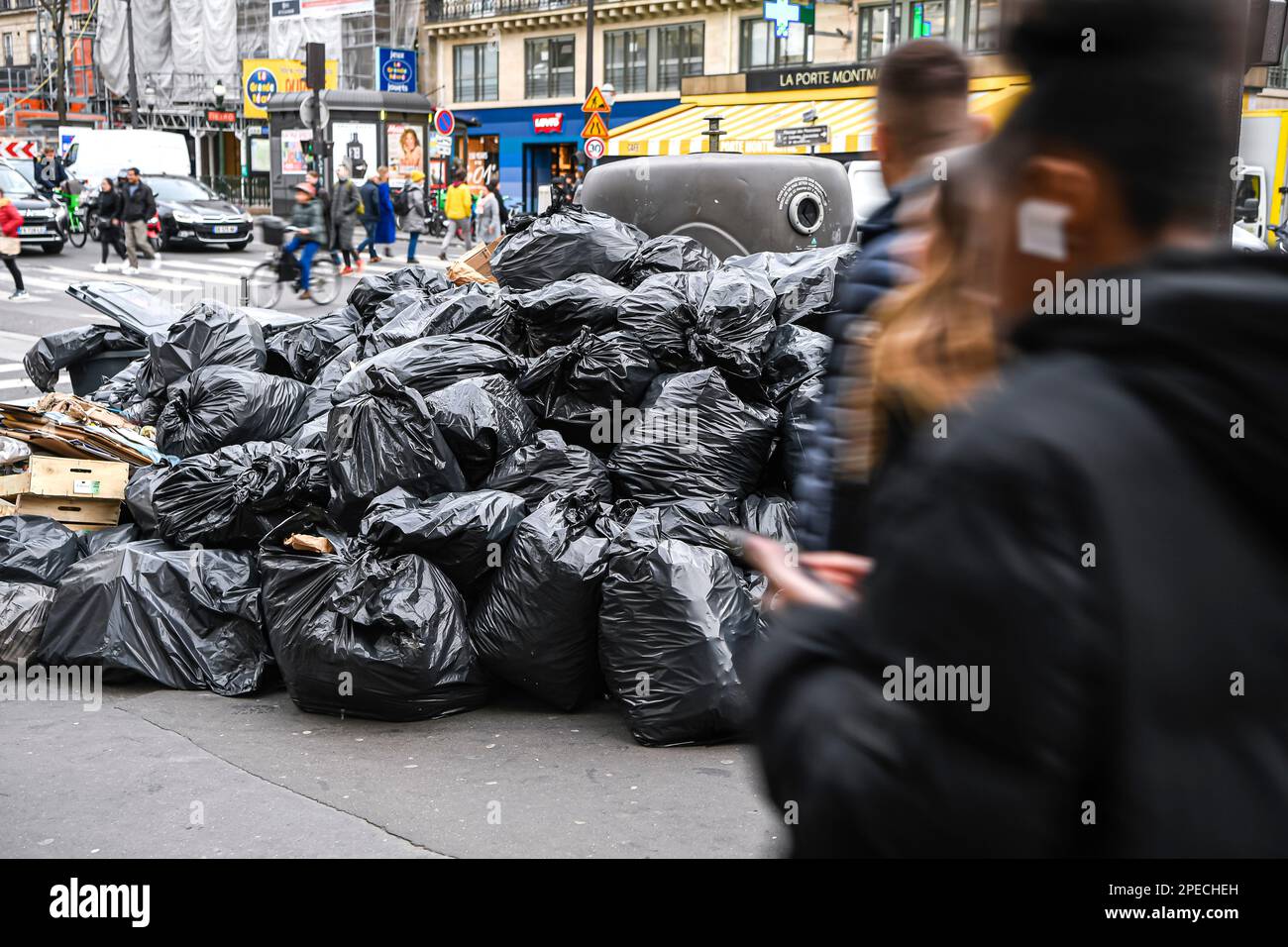 Full bins on March 15, 2023 in Paris, France. A strike by waste