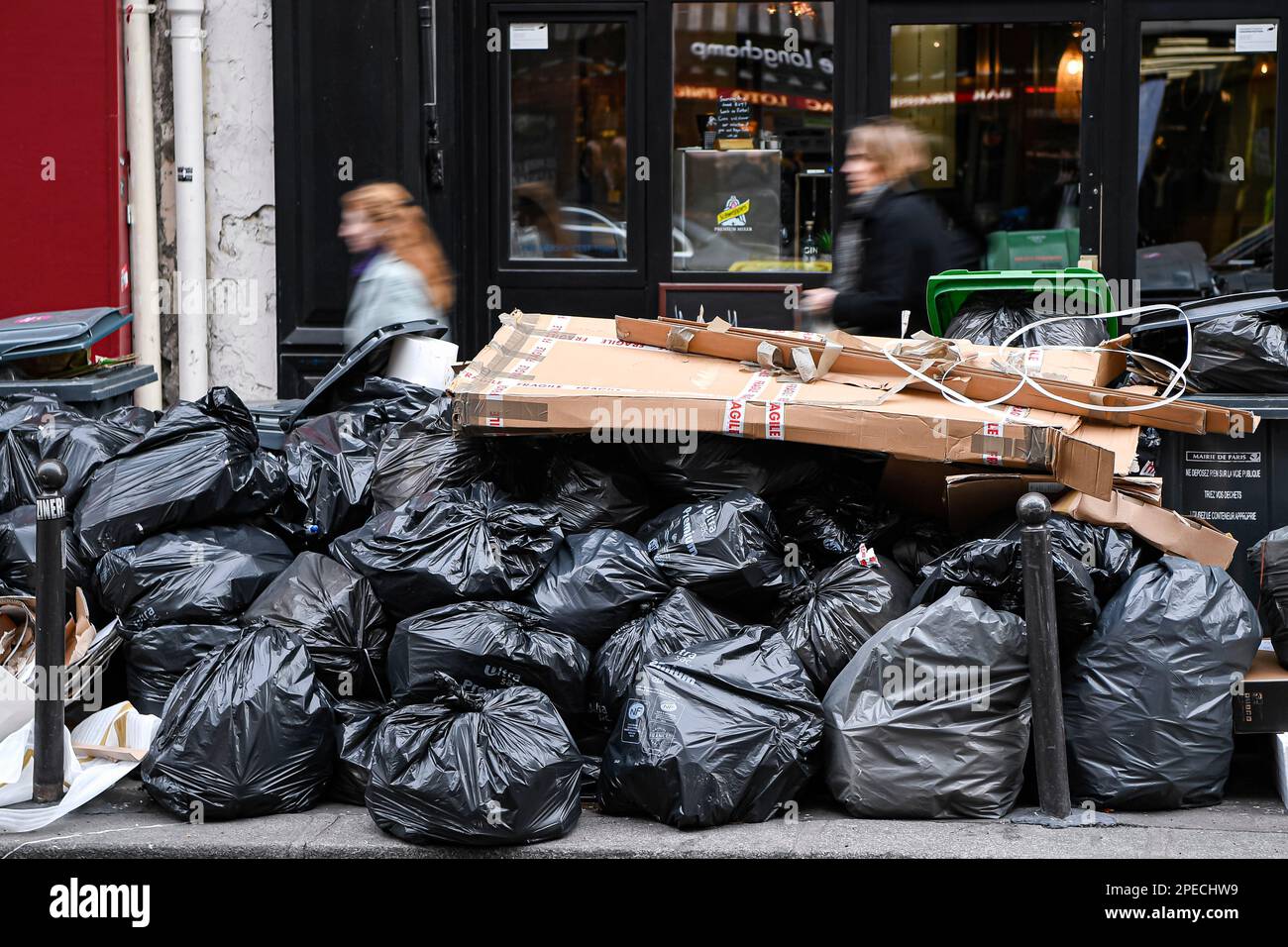 Full bins on March 15, 2023 in Paris, France. A strike by waste