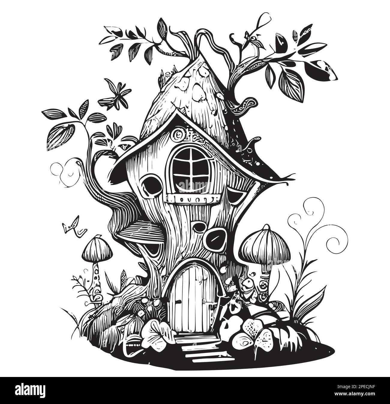 Fairy house in the forest hand drawn sketch illustration Stock Vector